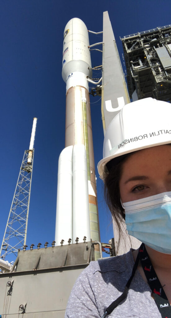 Photo: Caitlin Robinson on a launchpad before rocket launch