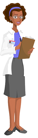 Character in lab coat writing on clipboard